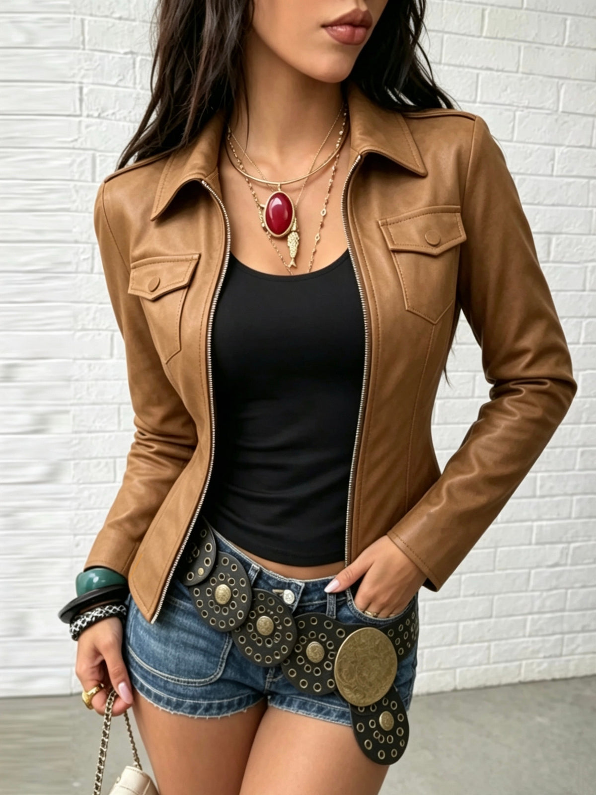 Women's Elegant PU Jacket, Fashionable Casual Solid Color Zipper Slim-Fit Jacket for Daily Wear - Camel
