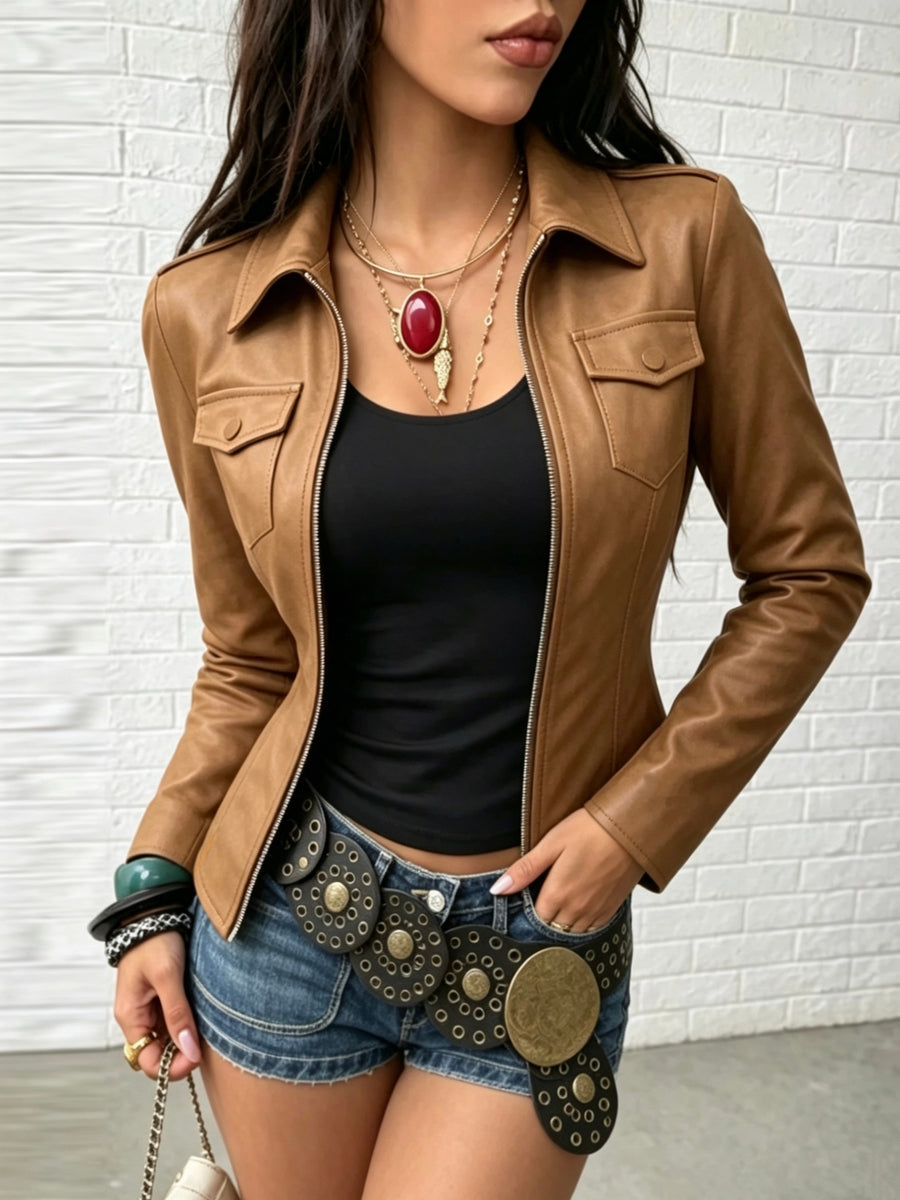 Women's Elegant PU Jacket, Fashionable Casual Solid Color Zipper Slim-Fit Jacket for Daily Wear - Camel