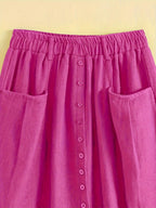 Spring/Summer/Autumn Lightweight Korean-Style Vintage Linen Loose Skirt with Elastic Waistband and Pockets, Mid-Length Women's Skirt - Rose Red