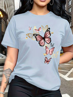 Watercolor Style Butterfly Pattern Print, Fashion Breathable T-Shirt, Family Travel, Campus, Casual, Daily Commute, Sisters' Matching Outfit, Versatile T-Shirt - Light Blue