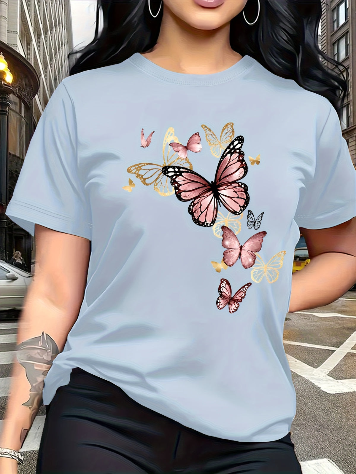 Watercolor Style Butterfly Pattern Print, Fashion Breathable T-Shirt, Family Travel, Campus, Casual, Daily Commute, Sisters' Matching Outfit, Versatile T-Shirt - Light Blue