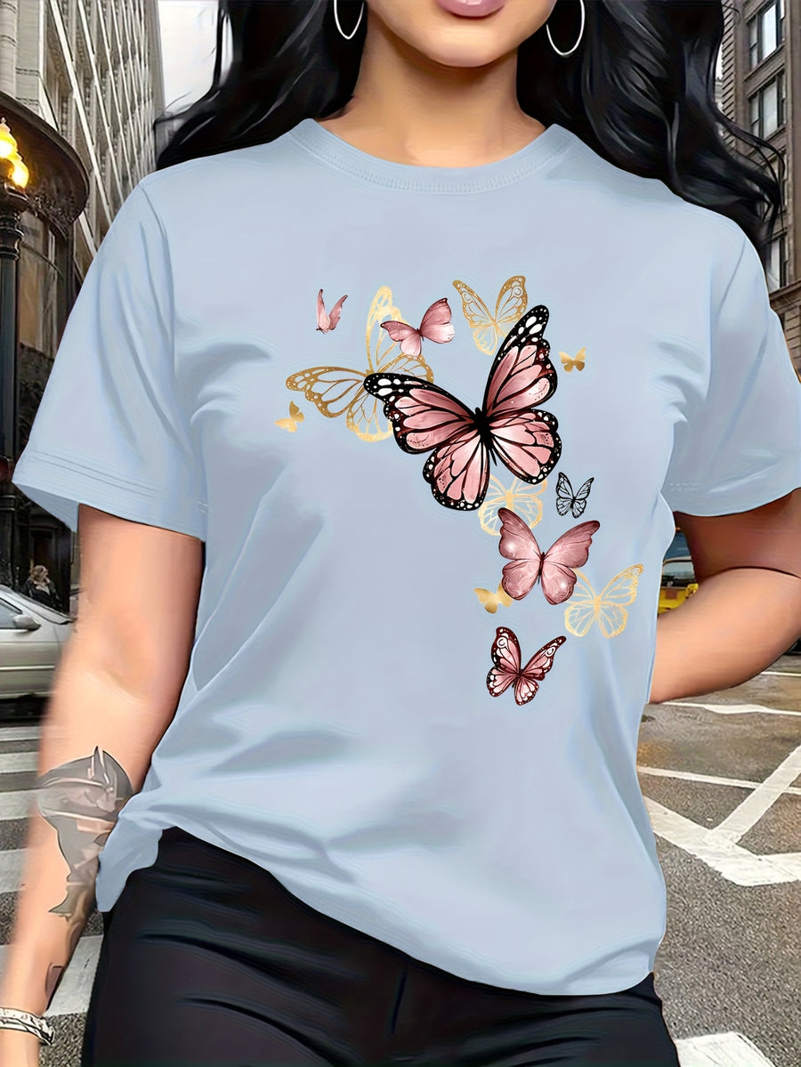 Watercolor Style Butterfly Pattern Print, Fashion Breathable T-Shirt, Family Travel, Campus, Casual, Daily Commute, Sisters' Matching Outfit, Versatile T-Shirt - Light Blue
