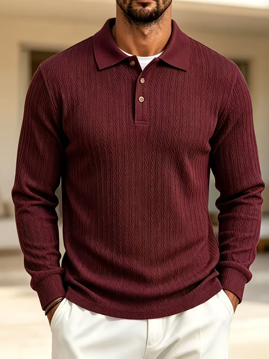2026 New Men's Long-Sleeve Polo Shirt, Jacquard Texture Lapel Top, Casual Three-Button Knitted Business Versatile Long-Sleeve T-Shirt - Burgundy