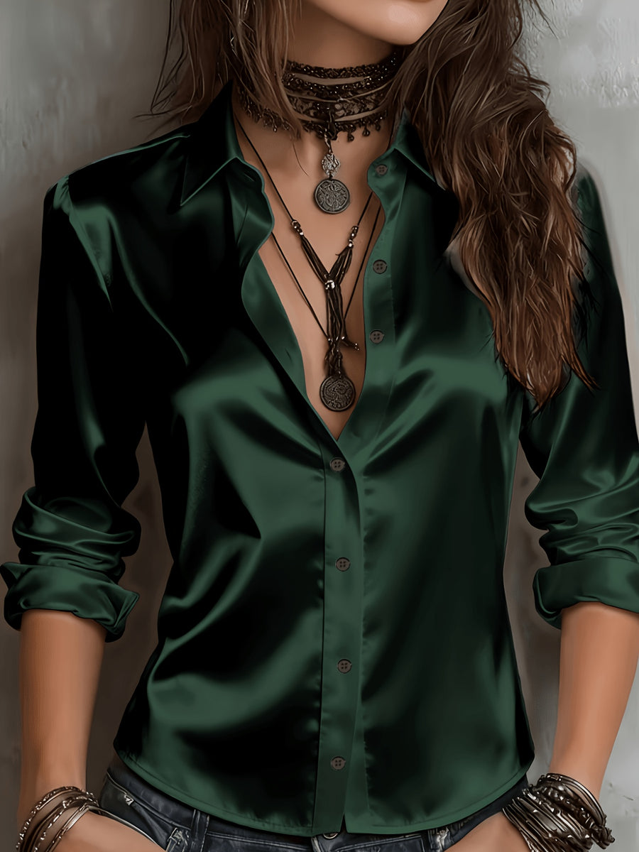 Women'S All-Season Temperament Commuter Satin Shirt - Dark Green