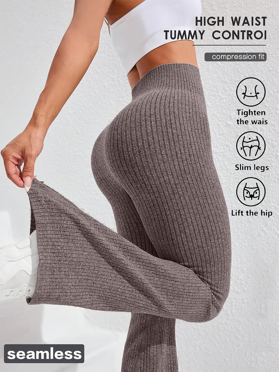 2026 Spring Summer Women's High Waist Tummy Control Slim Flare Pants, Textured Wide Ribbed Sports Pants, Fashion Casual Trousers for Fitness, Running and Daily Wear | Mega Special Offer - Coffee Color