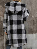 Popular European and American Women's Fashion: New Autumn/Winter Black and White Checkered Double-Sided Plush Hooded Pocket Mid-Length Casual Coat - Dark Gray