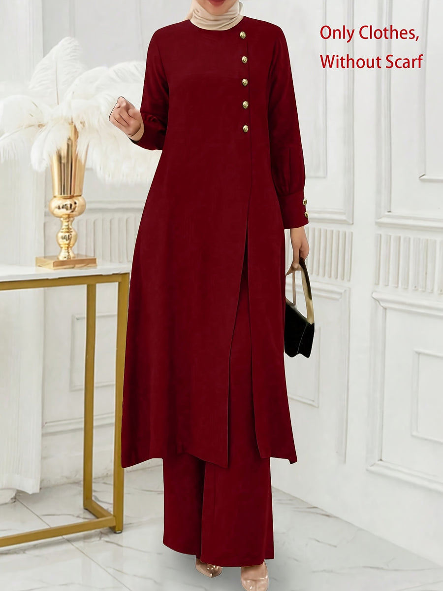 Ramadan, Women's Front-Button Long Sleeve Slit Dress & Pants Casual Arabic Style 2pcs Set, Only Clothes, Without Headscarf - Burgundy