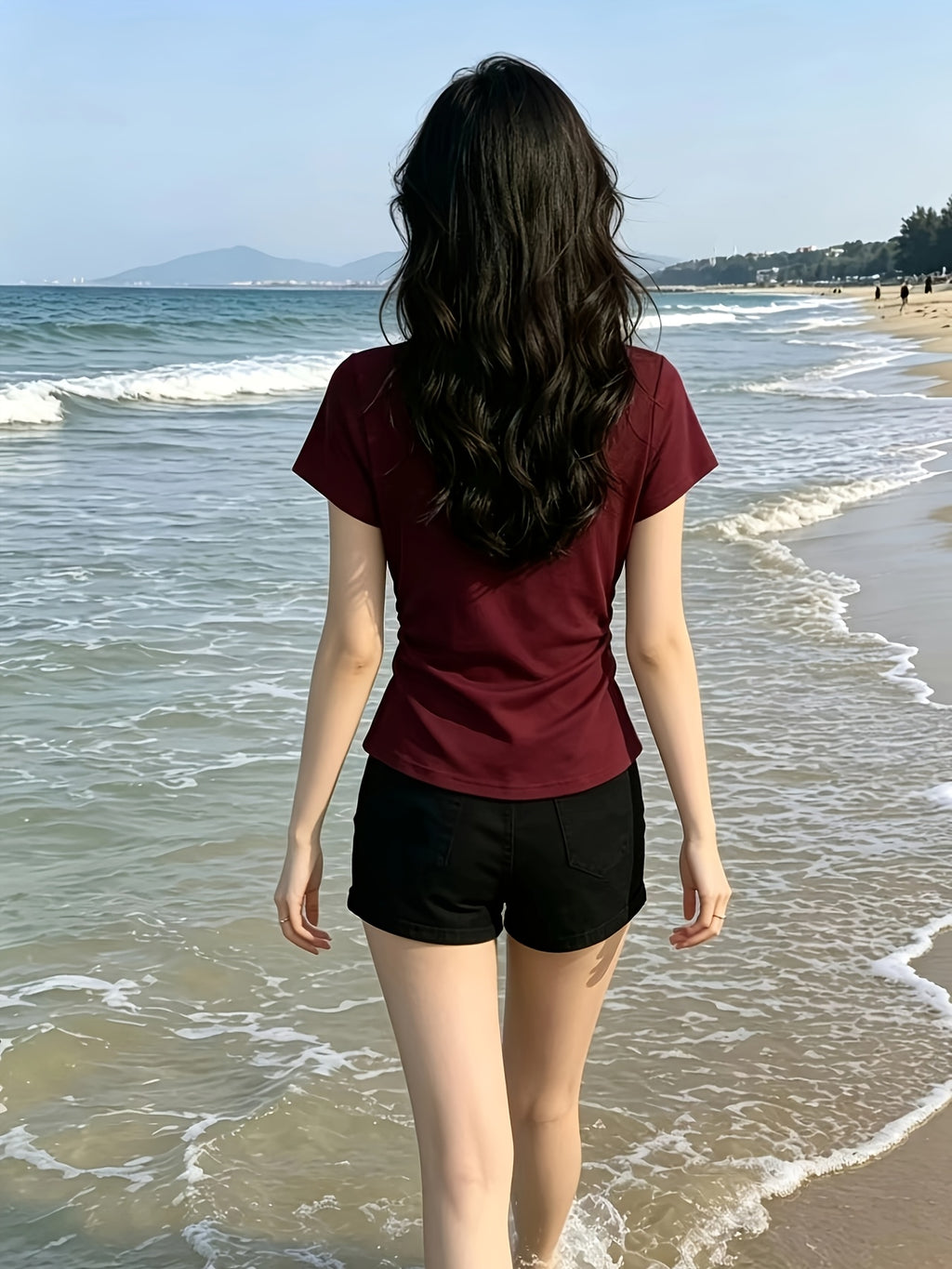 Solid Color Slim Fit Round Neck Short-Sleeved T-Shirt Women'S Summer New Pure Desire Style Outfit Basic Versatile Easy Top - Deep Red