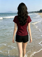 Solid Color Slim Fit Round Neck Short-Sleeved T-Shirt Women'S Summer New Pure Desire Style Outfit Basic Versatile Easy Top - Deep Red