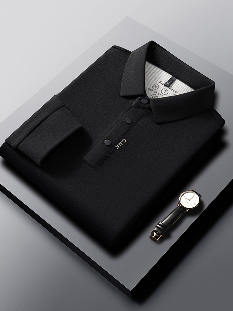 Men'S Lapel Long Sleeve Polo Shirt, Classic Small Lapel, 3-Button Placket, Business Commute And Casual Wear - SINBOS - Black