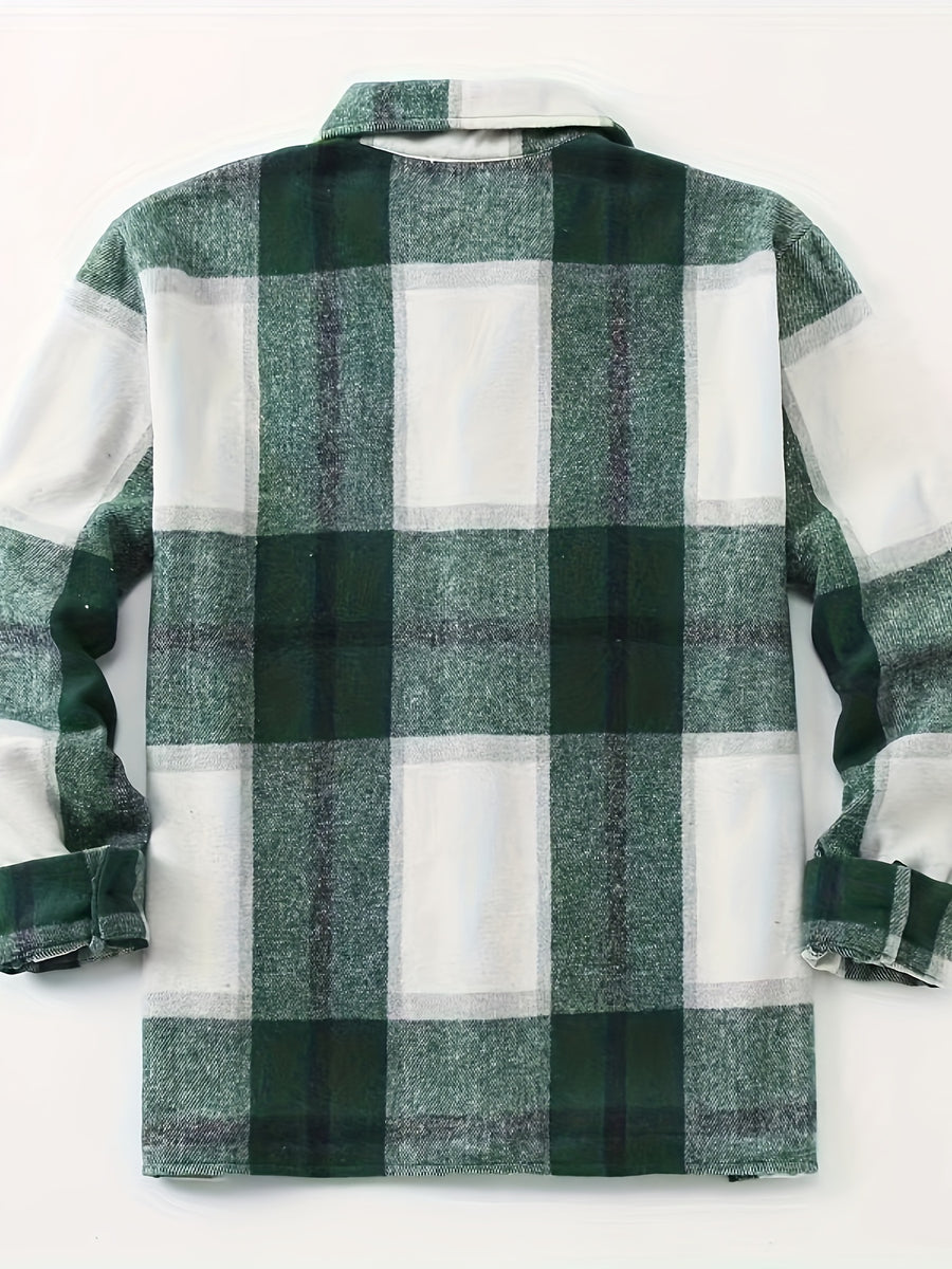 Men's Flannel Thickened Warm Casual Fashion Versatile Plaid Shirt Jacket - Green