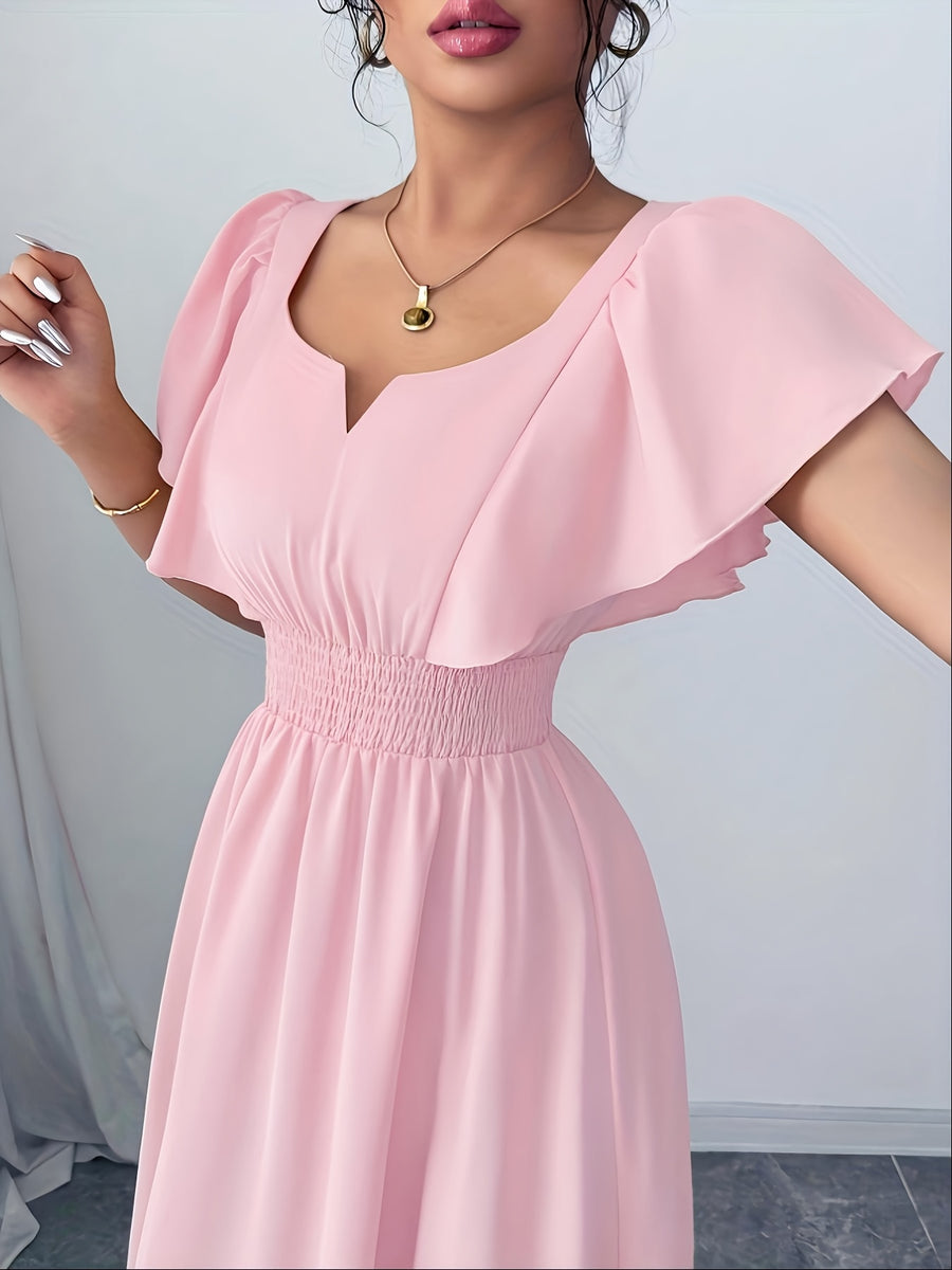 Solid Color Dress Puff Sleeve Ruched Waist Notch Neck Short Sleeve Suitable for Banquets, Parties, Vacations, Weddings, Women'S Bridesmaid Dress - Pink
