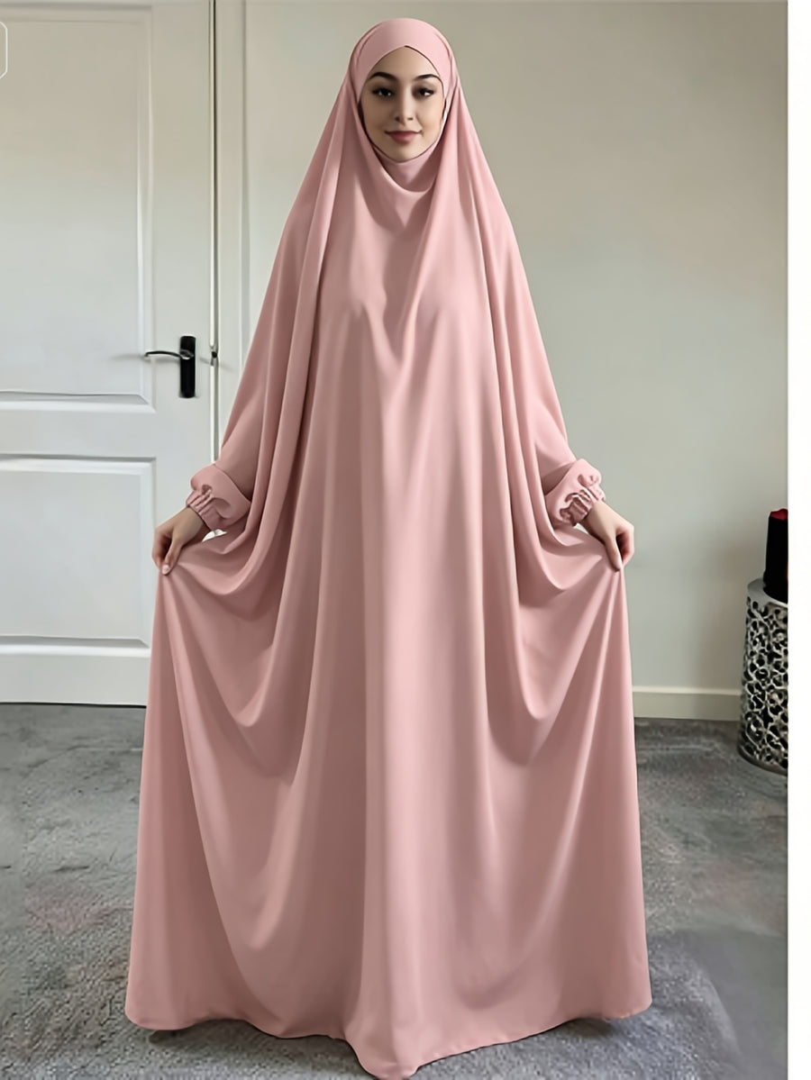 1pc Jilbab, 1pc Khimar with a Rich Drape, Cuffed Sleeves, and a Loose Fit, Suitable for Busy Daily Wear or Worship - Pink Color