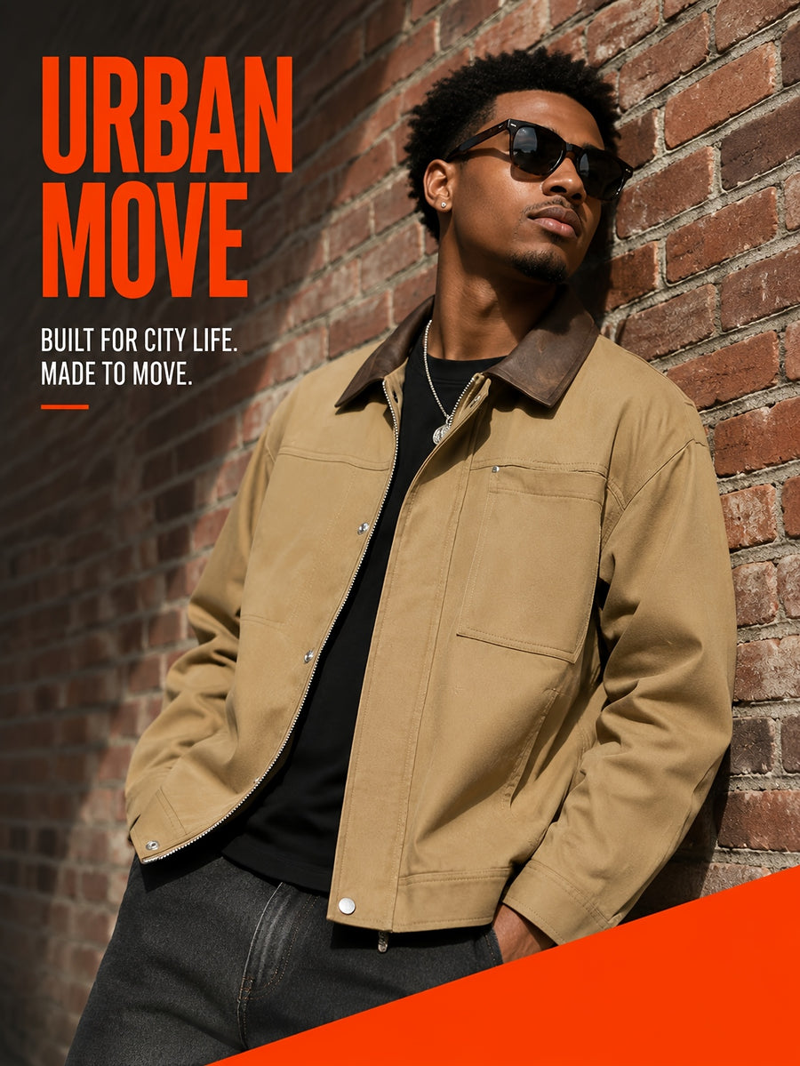 Men'S Color-Block Collar Cargo Jacket, Zipper Button-Front Double Breasted, Multi-Pocket Chest, Drop Shoulder Loose Short Retro Streetwear Coat - Khaki