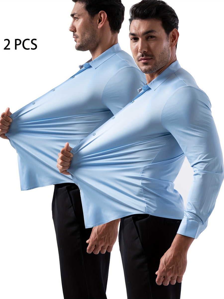 2pcs Set of Seamless Pressure Adhesive High-Elasticity Non-Iron Men'S Dress Shirt Long Sleeve Business Casual Formal Top, Material 88% Polyester 12% Spandex, Fabric Weight 160G, Casual - Blue+blue