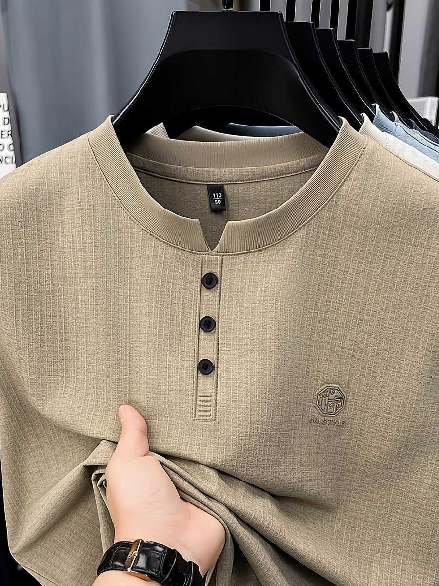Men's Summer Short-Sleeve Crewneck T-Shirt - Breathable Business Casual Round Neck Base Layer Top, Solid Color Asymmetrical Hem Suitable for Daily Work Wear, Office & Casual Outfits, Machine Washable Light Luxury Style - LakeYellow