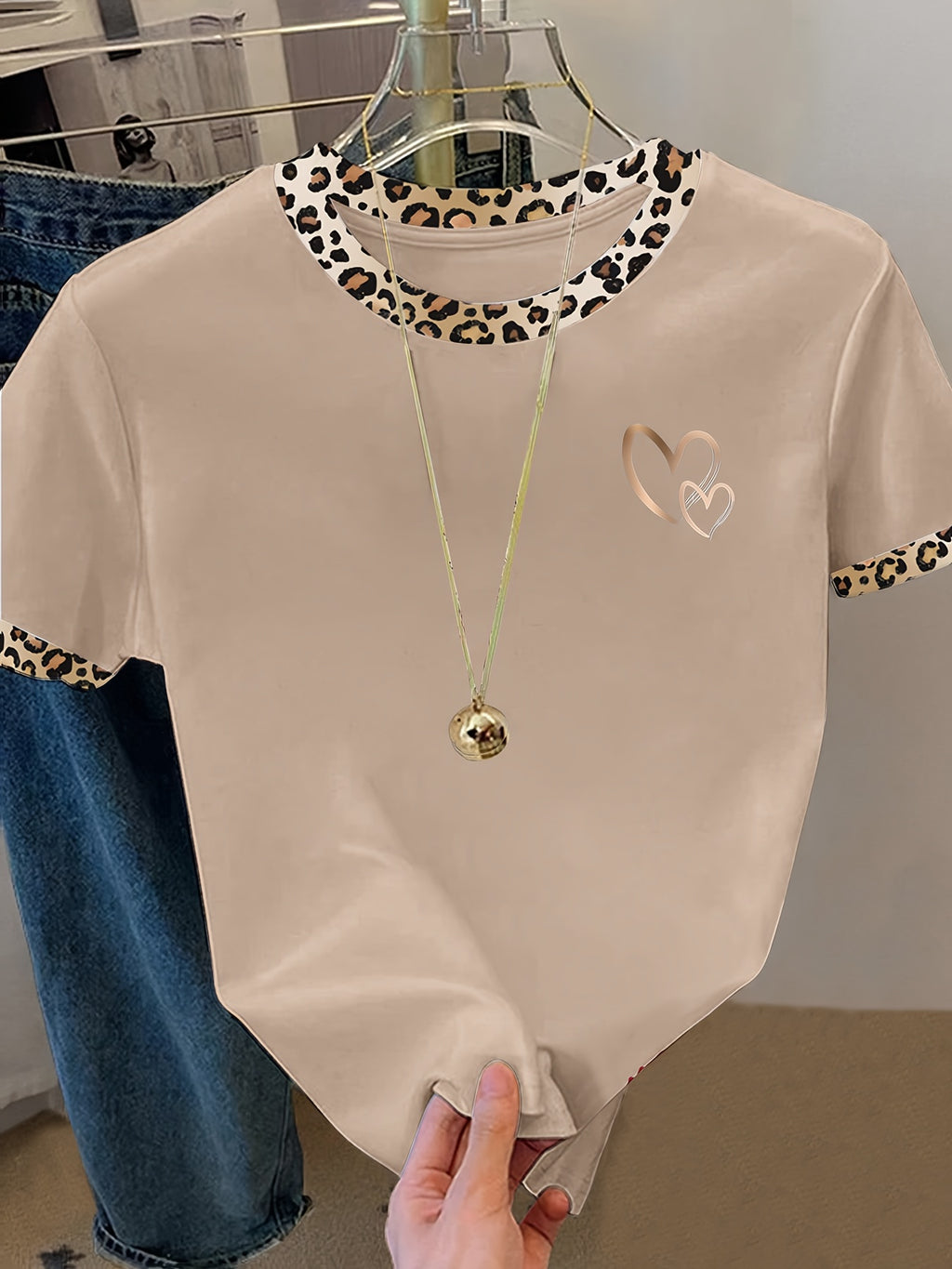 Women's Casual Short Sleeve Blouse T-Shirt Suitable for Spring Summer Fall - Heart Pattern Opaque Top, Machine Washable Daily Wear & Semi-Formal Outfits - Khaki