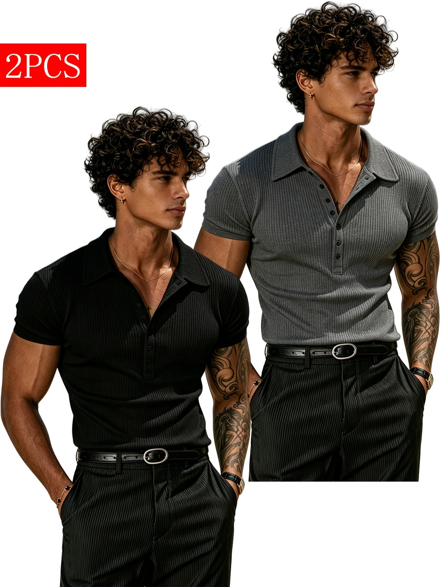 2pcs Mixed Pc Men'S Summer Easy Solid Henley Short Sleeve T-Shirts Classic Lapel And 7-Button Design High-Elastic Skin-Friendly Ribbed Polo Shirt Moisture-Wicking Breathable Base Layer Suitable for Outdoor Sports And Casual Wear Multi-Color Combinat - Black+dark Gray