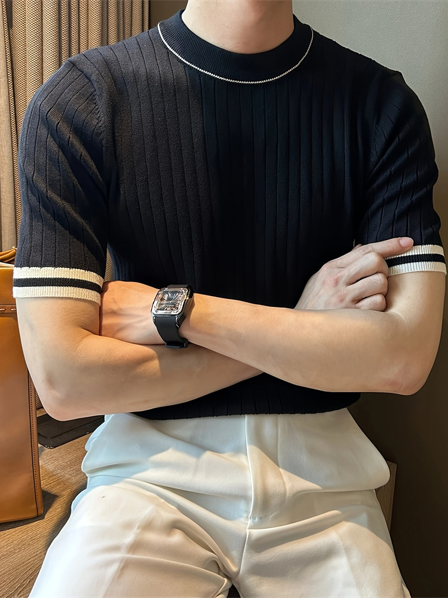 Short-Sleeved Breathable High-Quality Black Knitted Color-Blocked Fitted Men'S Top with a Round Neck And Elasticity - Black