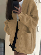Casual V-Neck Single-Breasted Sweater Coat for Women with Double Pockets, Autumn and Winter Cardigan - Yellowish-brown