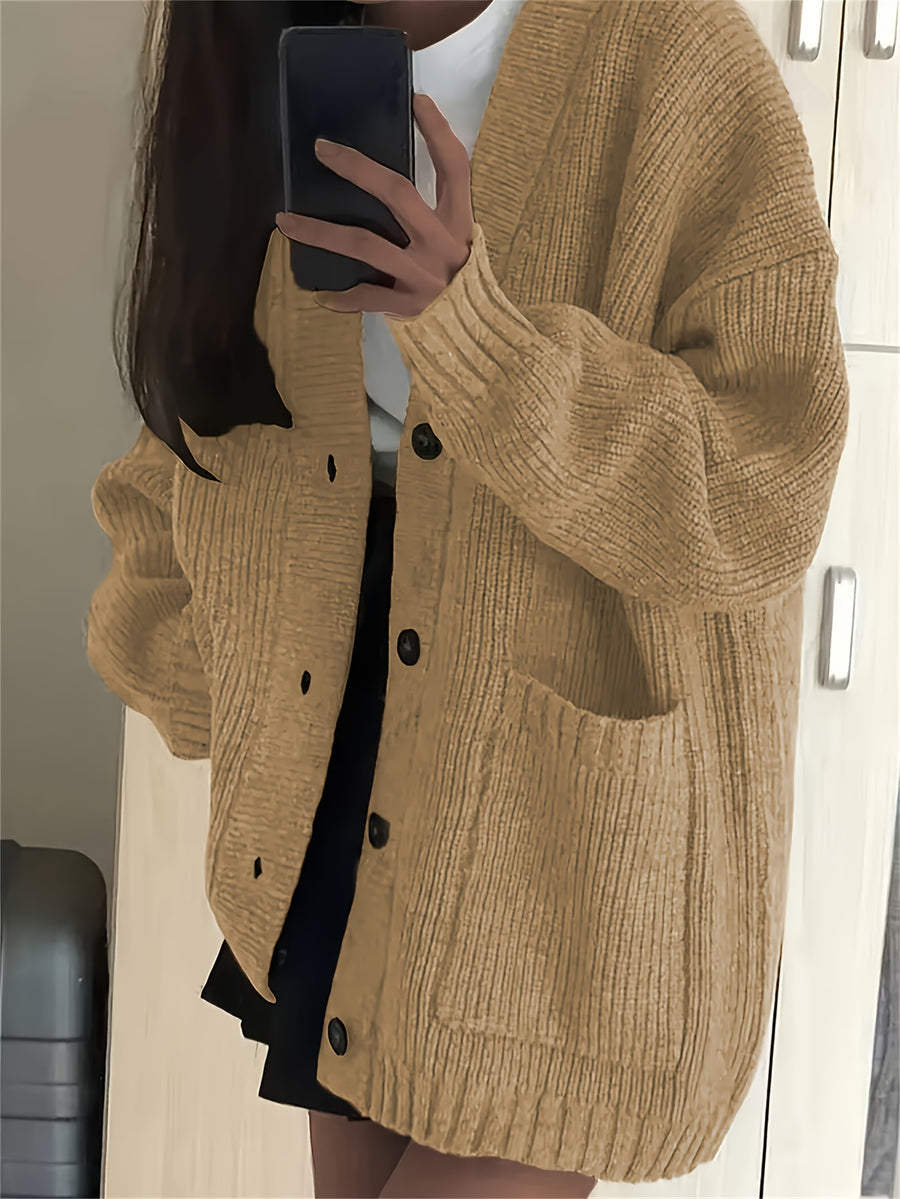 Casual V-Neck Single-Breasted Sweater Coat for Women with Double Pockets, Autumn and Winter Cardigan - Yellowish-brown