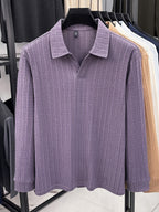 Mature Men'S Knit Long Sleeve Polo Shirt, Multi-Cable Design Heavyweight Style Multi-Color Available Textured Ribbed Fabric, V-Neck Long Sleeve Design, Delicate Vertical Ribbed Jacquard Texture, Light Mature Business Casual Style - Purple