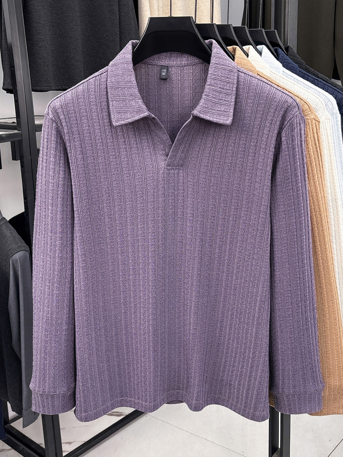 Mature Men'S Knit Long Sleeve Polo Shirt, Multi-Cable Design Heavyweight Style Multi-Color Available Textured Ribbed Fabric, V-Neck Long Sleeve Design, Delicate Vertical Ribbed Jacquard Texture, Light Mature Business Casual Style - Purple