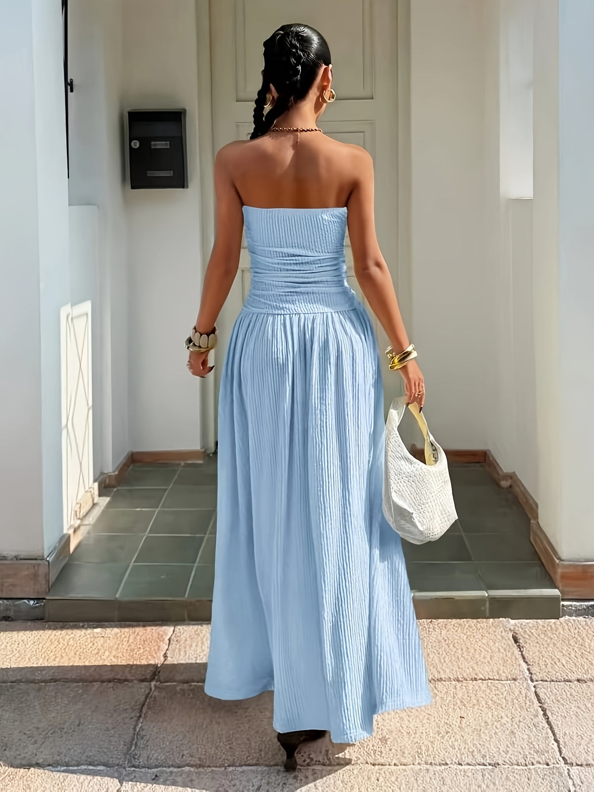 Temperament Off-Shoulder Dress, Casual Outing And Date Seaside Vacation Style Long Dress - Light Blue