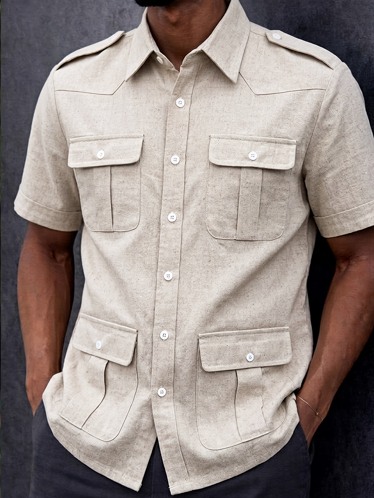 Trendy Men'S New Multi-Pocket Short Sleeve Guayabera Shirt! Retro Style with Epaulet Design, Full of Presence. Four Large Patch Pockets, Practical And Stylish, Comfortable Fabric, Breathable And Non-Stuffy - Khaki
