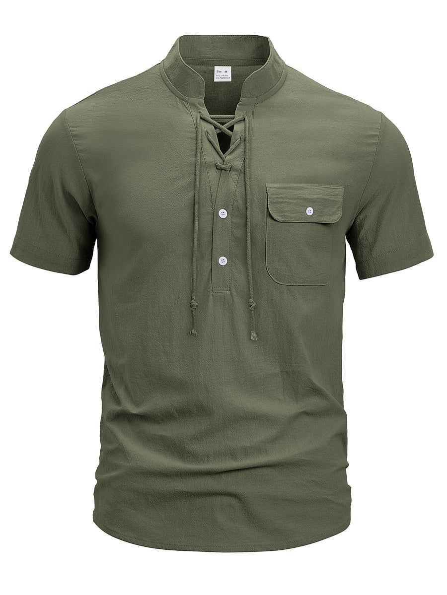 New Men'S Lace-Up Henley T-Shirt, Stand Collar Short Sleeve Casual Pullover with Adjustable Drawstring Neckline And Flap Chest Pocket, Lightweight Relaxed Fit Top for Beach Vacations, Travel, Outdoor Leisure And Everyday Wear - Olive Green