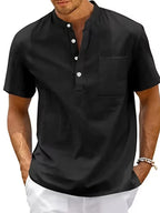 Men'S Summer Henley Collar Short Sleeve T-Shirt, Stand-Up Collar Casual Top, Breathable Linen, for Pool Parties, Beach Vacations, Ideal Choice for Beachwear Gifts - Black