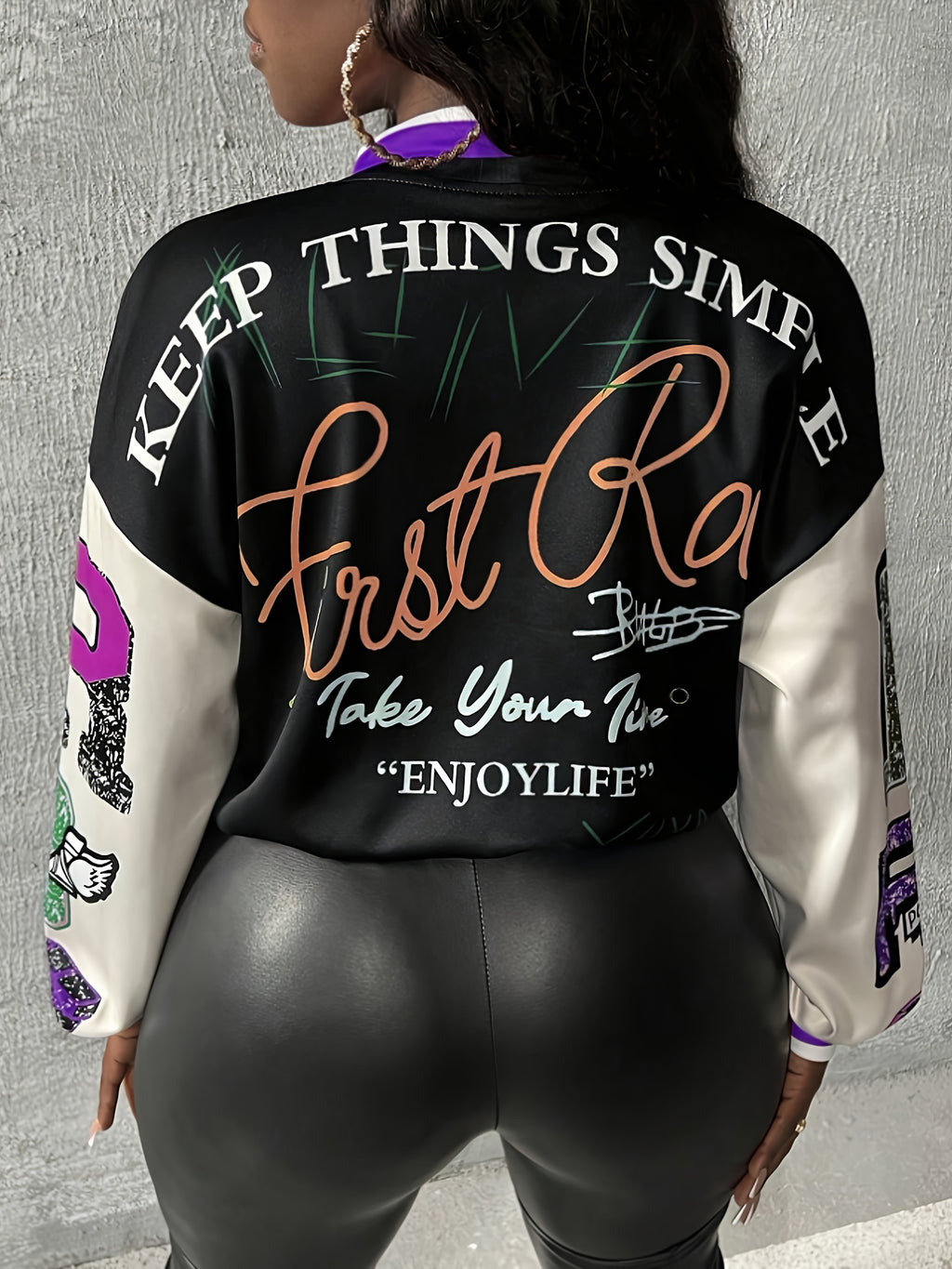 ZD0815155 Women's Elegant Spring/Autumn Contrast Color Placement Print Baseball Jacket Casual Lightweight Jacket Outerwear - Black
