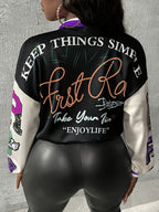ZD0815155 Women's Elegant Spring/Autumn Contrast Color Placement Print Baseball Jacket Casual Lightweight Jacket Outerwear - Black
