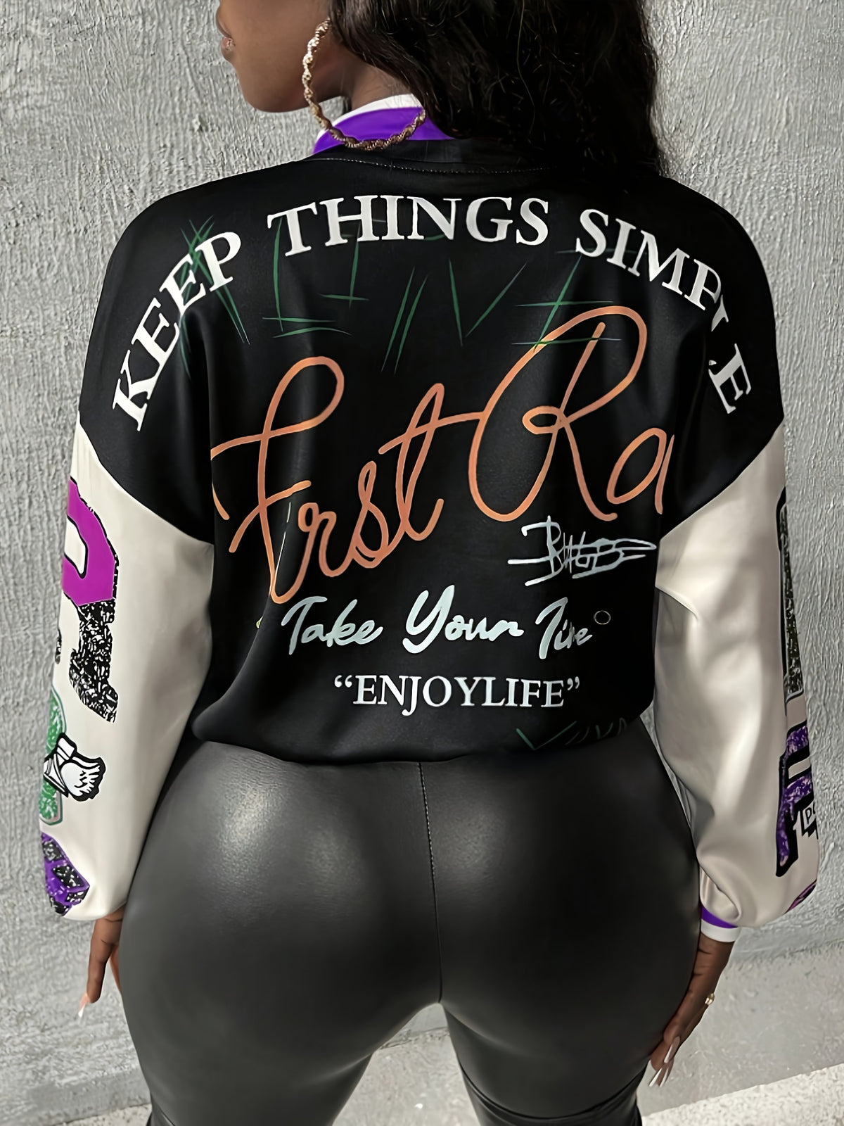 ZD0815155 Women's Elegant Spring/Autumn Contrast Color Placement Print Baseball Jacket Casual Lightweight Jacket Outerwear - Black