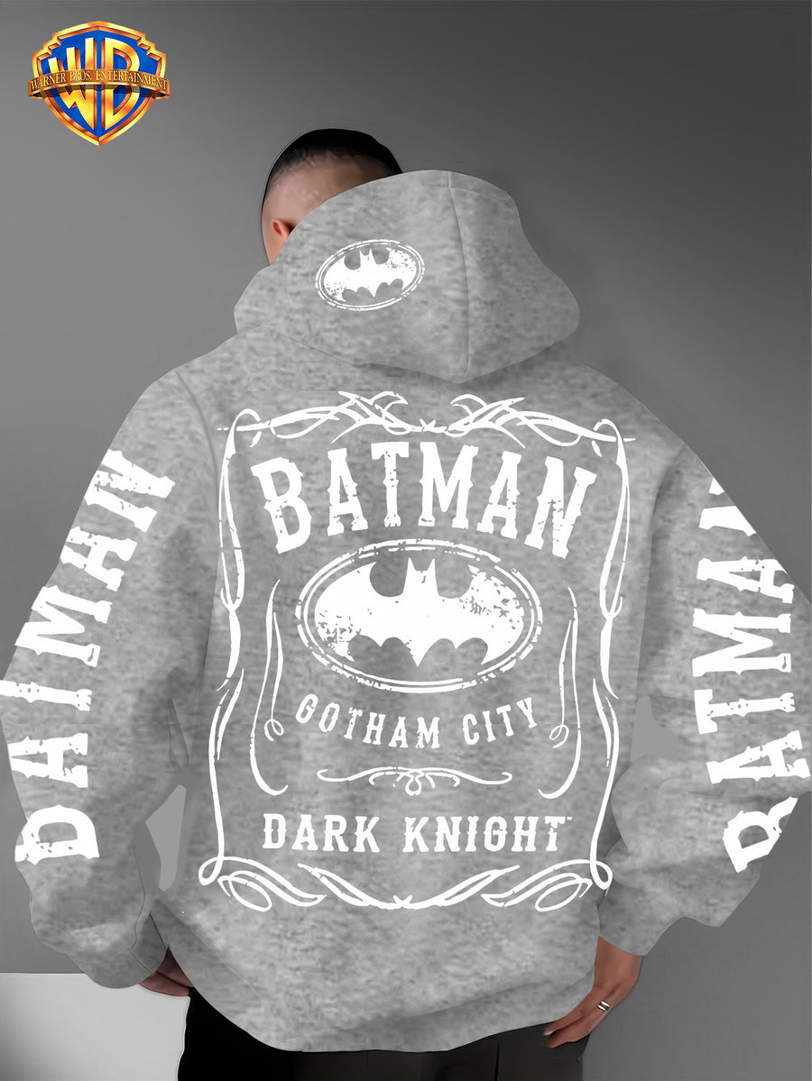 Warner Bros. Authorized American Cool Batman Retro Border Printed Hooded Sweatshirt with Adjustable Drawstring, Comfortable And Warm, Fashionable And Versatile Men'S Casual Sweatshirt, Suitable for Autumn And Winter Wear - Light Grey