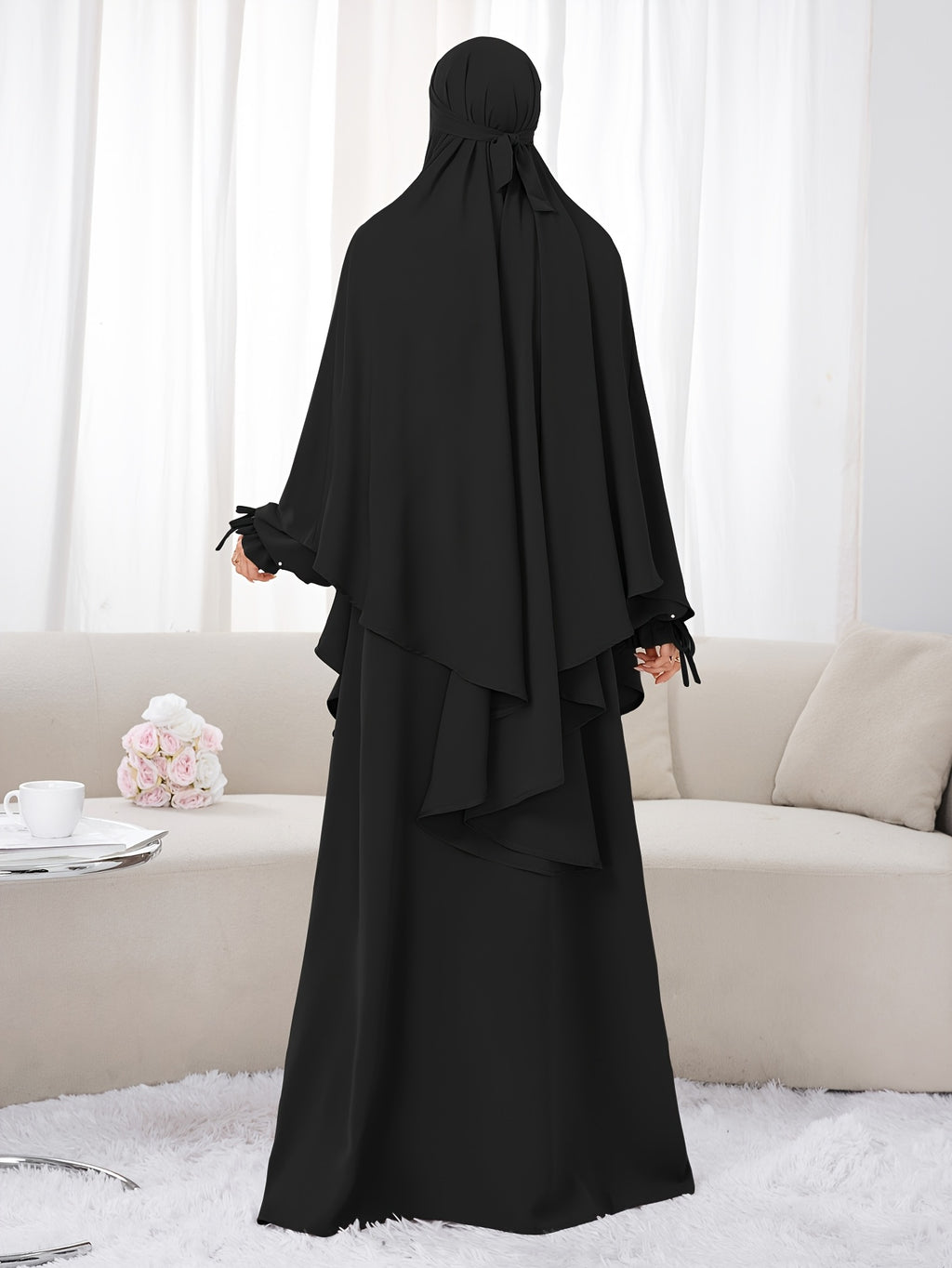 Women's 2pcs Modest Islamic Abaya & Khimar Suit - Elegant Full Coverage Prayer Dress with Headscarf, Pure Color Muslim Dress Suitable for Daily Wear, Hajj, Ramadan, Travel - Abaya Robe for Muslim Women - Black