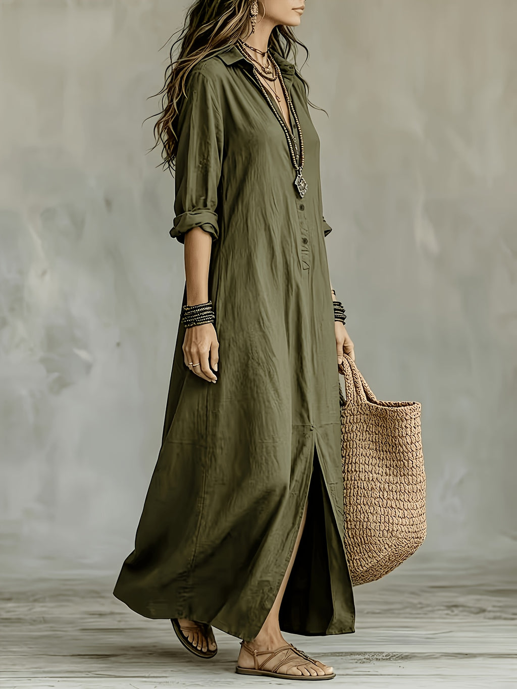 Plus Size, Women's Plus Size Spring/Summer/Autumn Bohemian Solid Color Half-Open Lapel Long Blouse, Casual Button-Up Lazy Style Long Sleeve Shirt Dress, Breathable Long Shirt Dress for Beach Vacations, Travel, and Daily Wear - Olive Green