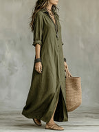 Plus Size, Women's Plus Size Spring/Summer/Autumn Bohemian Solid Color Half-Open Lapel Long Blouse, Casual Button-Up Lazy Style Long Sleeve Shirt Dress, Breathable Long Shirt Dress for Beach Vacations, Travel, and Daily Wear - Olive Green