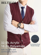 New Autumn Winter Men'S Knit Vest, Ideal Gift for Dad And Husband, with Pockets Warm Cold Resistant Soft Cozy Sweater Waistcoat, Minimalist Elegant Versatile Sleeveless Top for Daily Business Casual Camping Wear - Burgundy