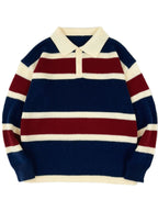 OBM Vintage Red, Blue, and White Contrast Stripe Polo Collar Knit Sweatshirt - American Street Style Youth Relaxed Fit Top - Navy Color