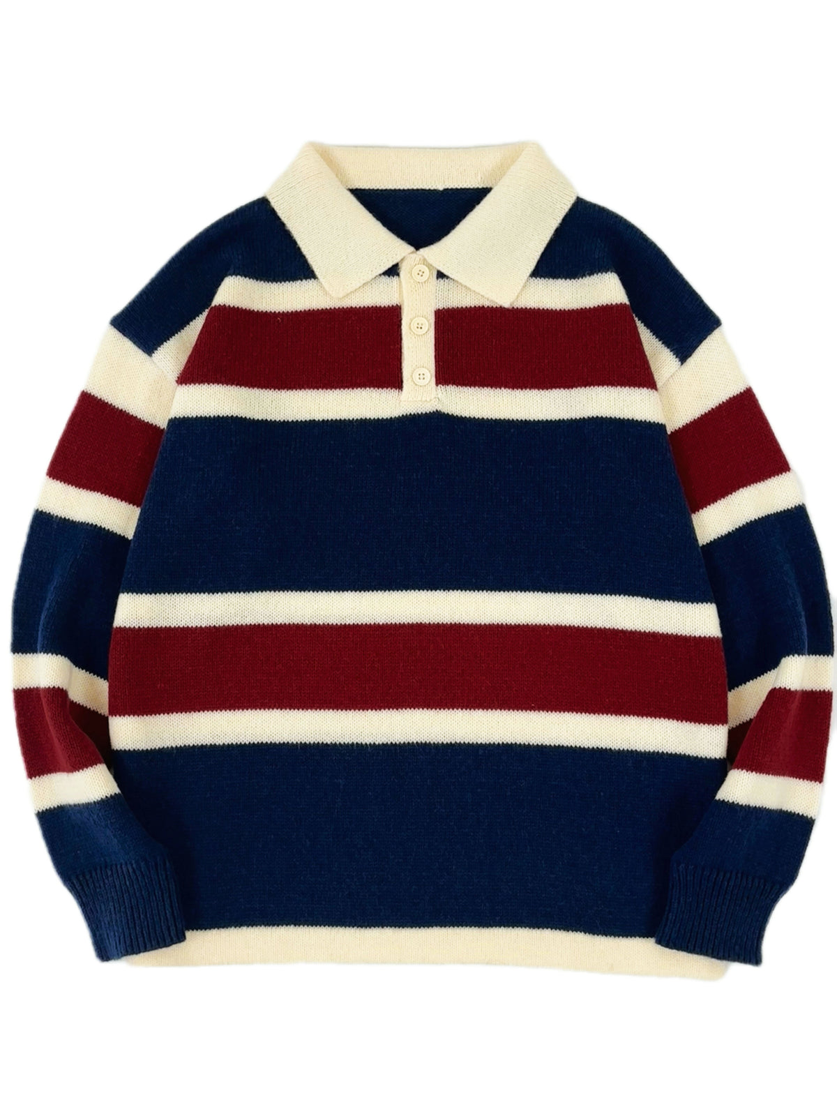 OBM Vintage Red, Blue, and White Contrast Stripe Polo Collar Knit Sweatshirt - American Street Style Youth Relaxed Fit Top - Navy Color