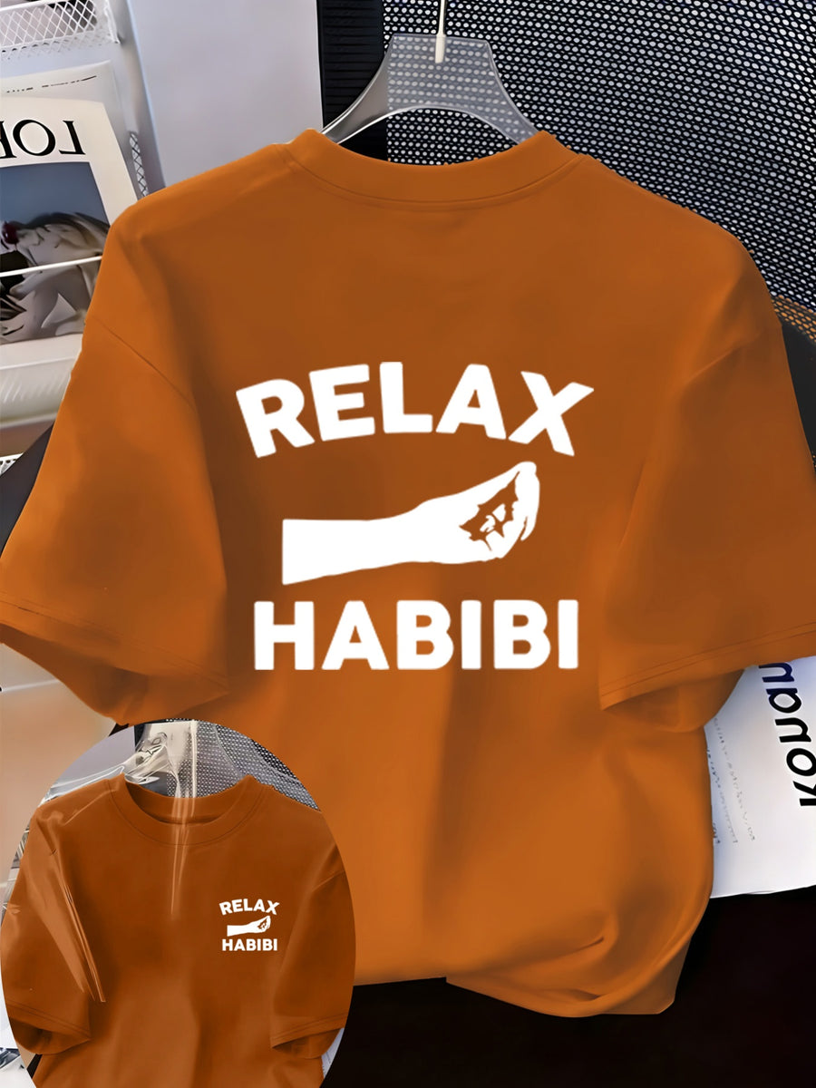 Front And Back Printed Women'S Fashion Base Print T-Shirt, Soft And Versatile, Casual Style Printed Pattern with RELAX HABIBI Lettering And Hand Gesture Design Printed Short Sleeve T-Shirt, Suitable for Casual Wear, Fashion All-Season Top - Yellowish-brown
