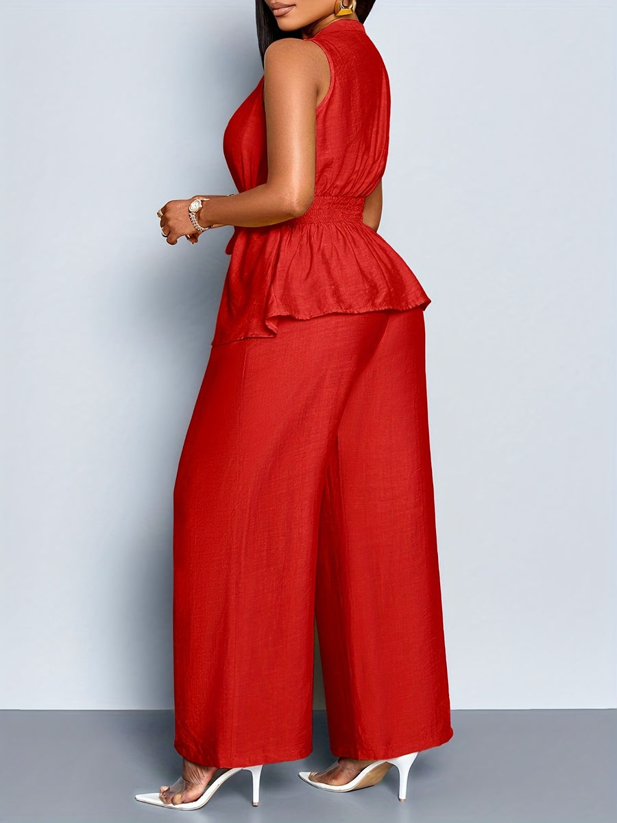 Women's Spring/Summer Elegant Vacation Style Daily Wear Sleeveless Top with Asymmetric Hem + Wide-Leg Pants 2pcs Set, Casual 2pcs Outfit for Wedding Season, Music Festivals, Easter, Western, Bohemian, Nashville Style, Parties, Weddings - 【Red】