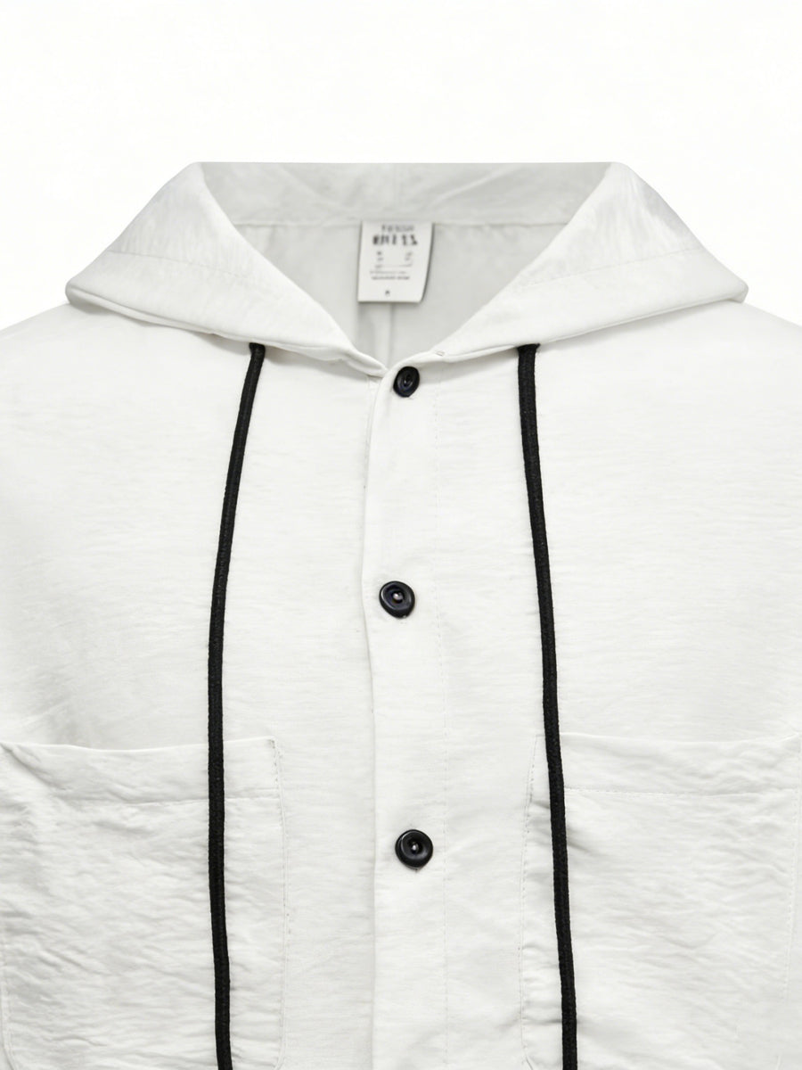 Men's Hooded Long-sleeve Shirt with a Unique Drawstring Hood Design, Breathable Fabric, and a Loose, Comfortable Fit, a Simple and Versatile Top for Casual Attire - White