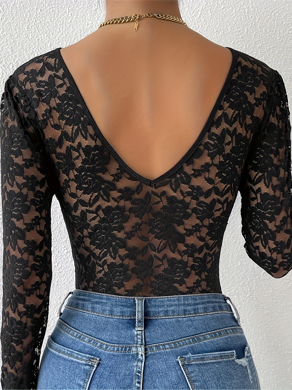 Sexy Spicy Style Deep-V Backless Lace Rose Printed Sheer Skinny Long Sleeve Bodysuit - Black