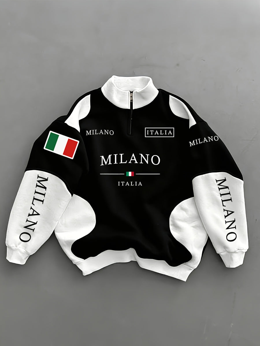 Men'S Half-Zip Stand Collar Sweatshirt MILANO Italian Flag Letter Print Color-Block Patchwork Top Street Racing Style Autumn Winter Long Sleeve Loose Drop Shoulder Ribbed Hem Black White Color-Block Casual Sweatshirt Suitable for Street Fashion - Black