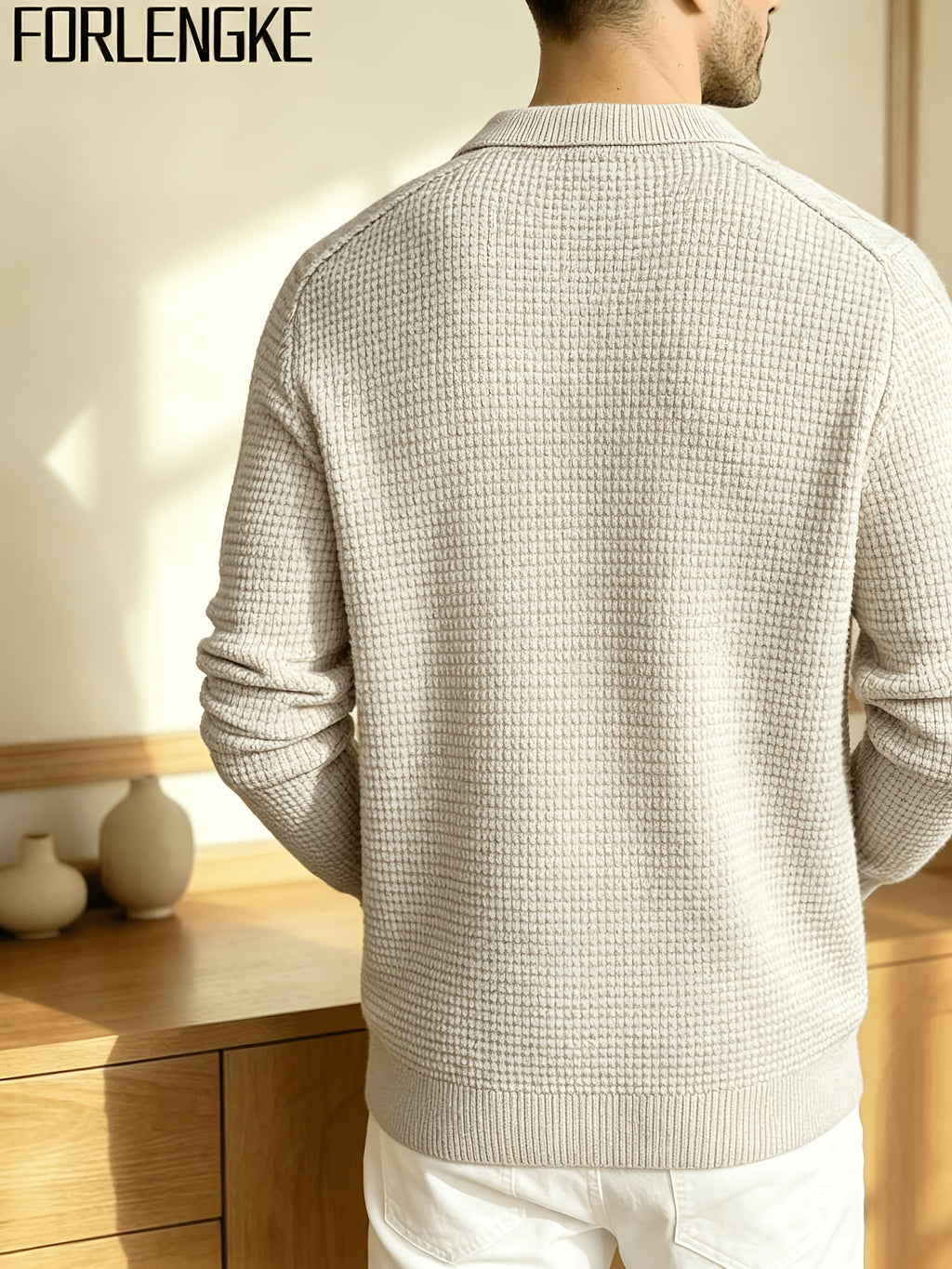 FORLENGKE Men'S Business Casual Lapel V-Neck Knit Sweater, Soft Warm Textured Long Sleeve Pullover Tops for Autumn Winter Office Daily Wear - Apricot