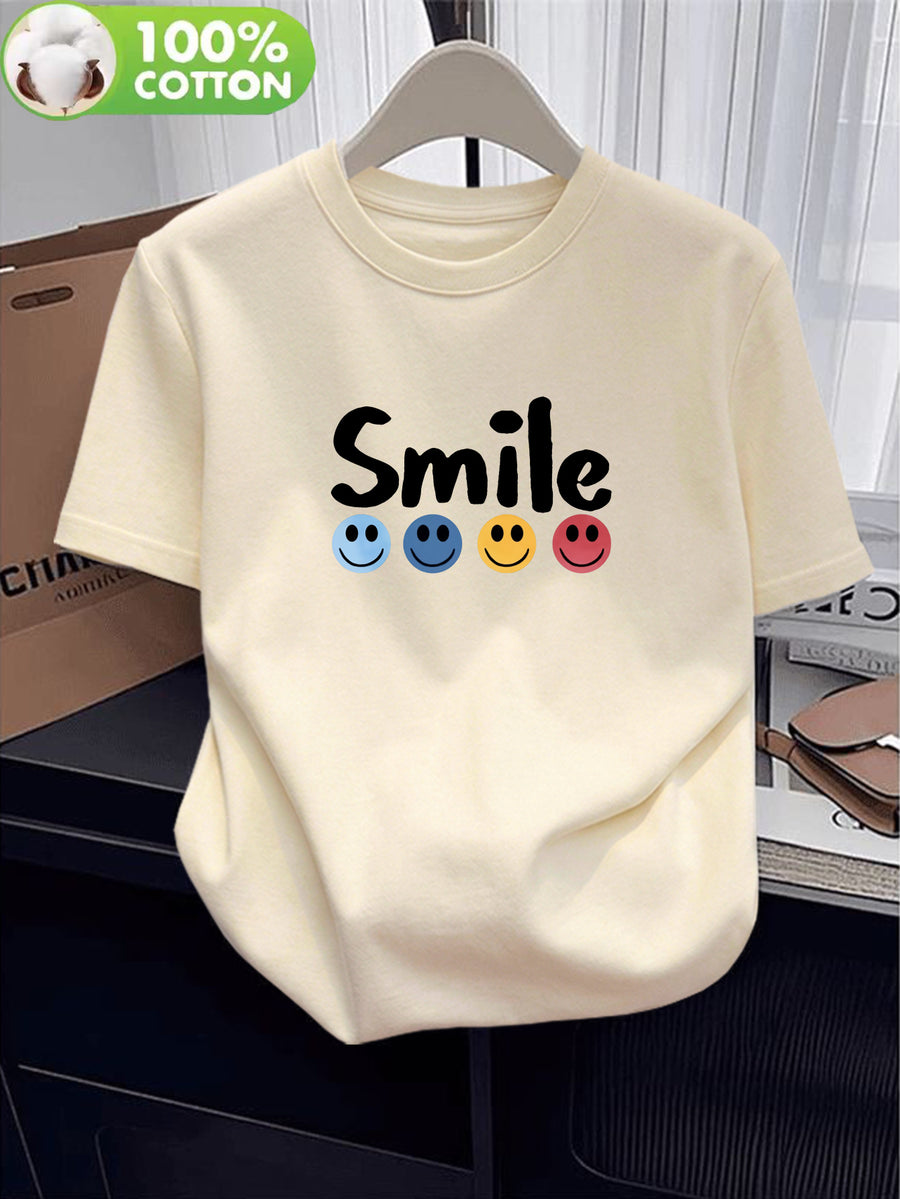 100% Women's T-Shirt, Summer Short Sleeve Thin Top, Trendy and Fashionable Standard Fit, Versatile for Daily Wear, Casual, Comfortable, and Breathable, Colorful Smiling Face and Letter Print Design, Simple, , and Fun Pattern - Apricot