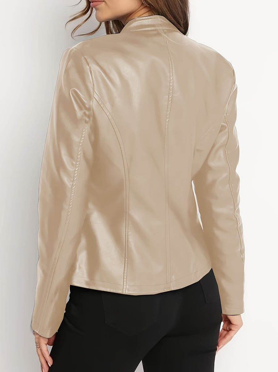 Women's Elegant PU Jacket - 2025 New Style Women's Jacket Outerwear - Full Zip Long Sleeve Motorcycle Biker Jacket for Women, Spring, Autumn, Winter Outerwear, Suitable for Casual and Formal Wear, Durable, Structured Fit, Stand Collar - Apricot