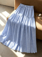 Women'S Multicolor Printed Elastic Waist Tiered Long Skirt, Beige, Spring Summer Fall Style, Bohemian Aesthetic, Picnic And Vacation Wear, Elegant Choice, Street Photography, Teacher Outfit - Blue
